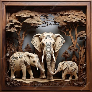 Peut inclure: Une sculpture en bois représentant trois éléphants dans un décor de forêt. Les éléphants sont sculptés dans un style réaliste et sont représentés debout en groupe. La sculpture est encadrée dans un cadre en bois foncé.