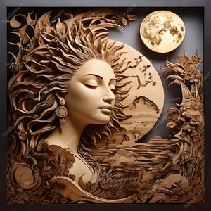 May include: A wooden sculpture of a woman's face with her eyes closed, surrounded by carved wood details. The sculpture is set against a background of a carved moon and a carved landscape.