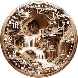 May include: A round, bronze-colored clock face featuring a detailed landscape with waterfalls, trees, and a cave. White numbers mark the hours. The design has a layered, three-dimensional effect, creating depth and visual interest. The clock face has a decorative border.