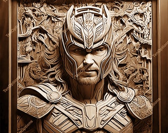 May include: A detailed wood carving of a warrior wearing a helmet and armor. The carving is framed in a dark wood frame.