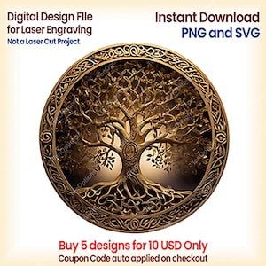 May include: A digital design file for laser engraving, showcasing a detailed tree of life design. The circular image has intricate Celtic knotwork around the edge. Text includes "Digital Design File" and "Instant Download PNG and SVG."