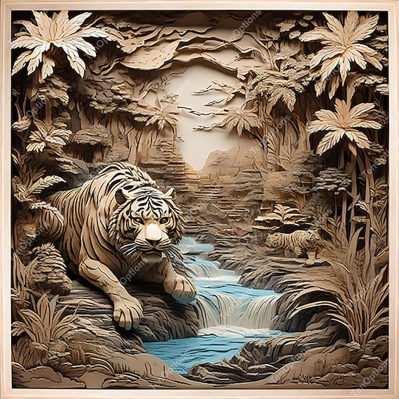 Laser Engrave File, Laser Burn PNG, 3D Illusion Laser Engraving 3D Illusion Design, Lightburn File, Instant Download, Tiger in Forest V6