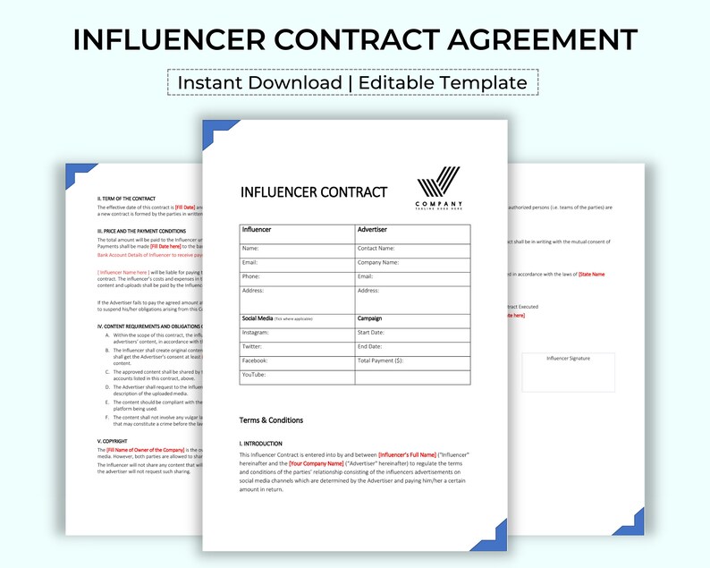 Social Media Influencer Contract Agreement Template Etsy Social Media Influencer Contract Agreement Template Etsy