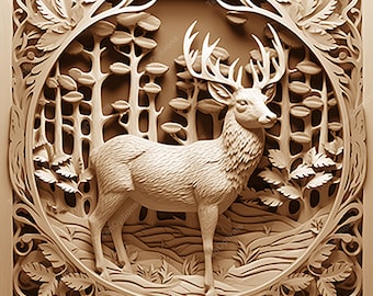 May include: A detailed wood carving of a deer standing in a forest. The carving is in a circular frame with intricate floral designs.