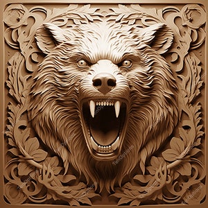 May include: A detailed, 3D carving of a snarling bear's head, set against a background of intricate floral designs. The bear's teeth are bared, and its eyes are wide with intensity.
