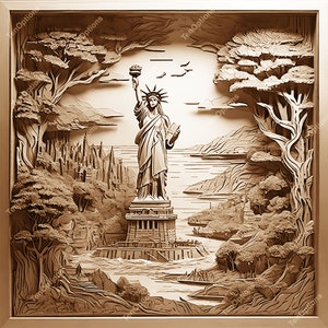 May include: A detailed wood carving of the Statue of Liberty standing on an island with a cityscape in the background. The carving is surrounded by trees and water.