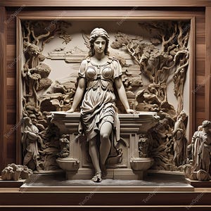 May include: A detailed relief sculpture of a classical female figure, draped in flowing garments, leaning on a stone structure. The artwork is set within a wooden frame, with additional carved figures and foliage in the background.