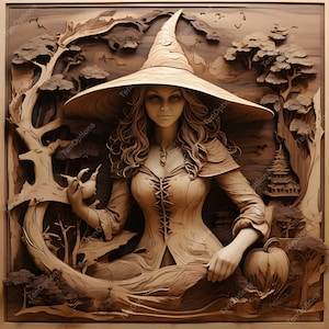 May include: A wooden carving of a witch with a pointed hat, long flowing hair, and a bird perched on her hand. The carving is set against a background of trees and a small house.