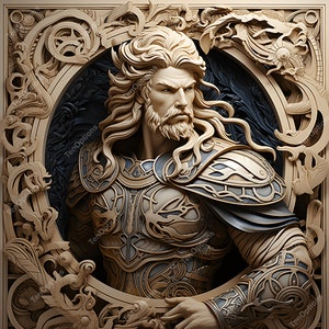 Può includere: Una scultura dettagliata di una testa e spalle di un guerriero, con una lunga barba e un'armatura intricata. La scultura è incorniciata in una cornice di legno decorativa con dettagli decorativi.