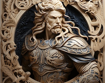 May include: A detailed carving of a warrior's head and shoulders, with a long beard and intricate armor. The carving is framed in a decorative wooden frame with ornate details.