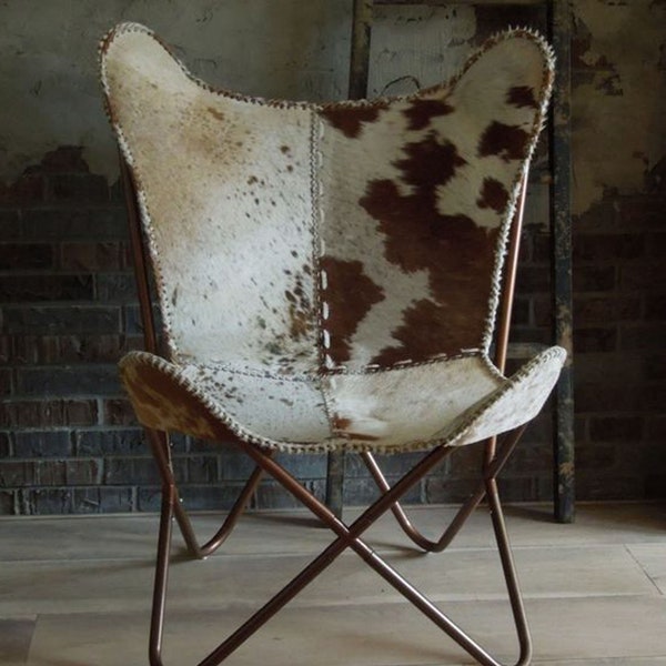 Brown and White Hair-On Leather Butterfly Chair with Golden Stand - Replacement Cover Options Available