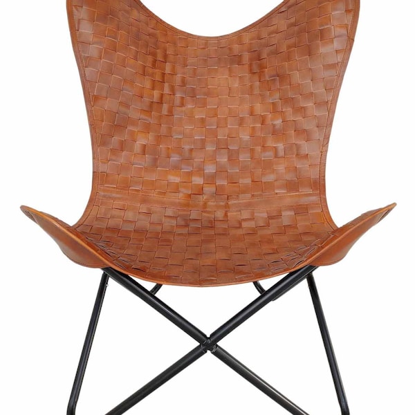 Hand Waving Tan Brown Leather Butterfly Chair - Full Grain Buff Leather - Handgemaakte Retro Vintage lederen stoel