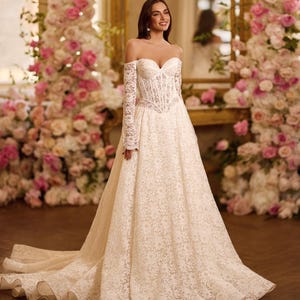 A-Line Lace Wedding Dress with Long Sleeves, Off-Shoulder Sweetheart Bridal Gown, Boho Princess Wedding Dress with Long Train