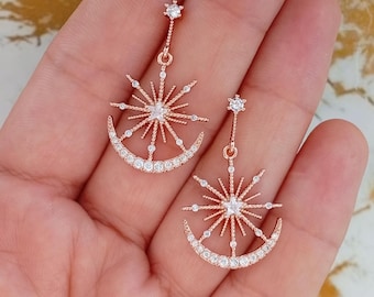 Art Deco Moon and Star Bridal Earrings, Star Wedding Jewelry with Swarovski Crystals, Celestial Drop Earrings for Brides and Bridesmaid