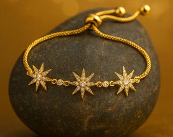 天体スターブレスレット - 調節可能なゴールドスターブレスレット、14Kゴールドメッキ真鍮、キュービックジルコニア、スワロフスキークリスタル、ヴィンテージアールデコジュエリー、