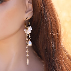 Extra Long Gold Dangle Flower Bridal Earrings – Swarovski Crystal Pearl Statement Jewelry for Weddings, Brides, Bridesmaids, Gift For Her