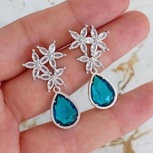 Dark Blue Swarovski Teardrop Earrings, Boho Bridal Wedding Jewelry, Silver Flower Statement Earrings, Personalized Bridesmaid Gift Jewellery