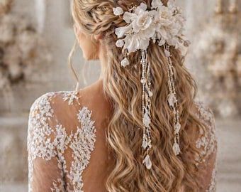 Boho Bridal Hair Comb Floral Wedding Headpiece Satin Flower Hair Vine Bridal Headband Statement Bride Hair Accessory Boho Hair Accessories