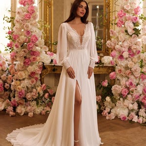 Chiffon Wedding Dress with Long Sleeves, Boho Beach Bridal Gown with Long Train, Deep V Neckline & Side Slit, Custom A-Line Wedding Dress