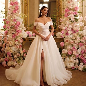 Corset A-Line Wedding Dress with Side Slit, Off-The-Shoulder Boho Bridal Gown, Luxury Ball Princess Dress, Custom Garden Wedding Gown