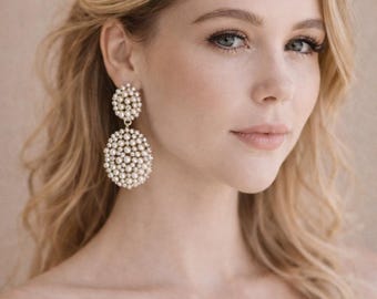 Handmade Pearl Bridal Earrings, Swarovski Crystals, Boho Wedding Jewelry