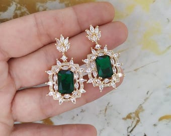 Art Deco Emerald  Earrings, Gatsby Wedding Earrings, Swarovski Crystal Bridal Earrings, Vintage Retro Earrings,Gold Statement Bridal Jewelry