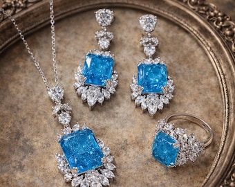 Swarovski Crystal Bridal Jewelry Set, Blue Wedding Necklace Earrings Ring, Art Deco Gatsby Vintage Jewelry Set for Bride, Retro Jewellery