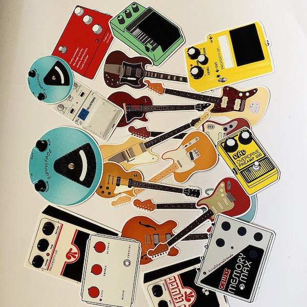Ultimate guitar and effect pedals sticker bundle. Pack of 21 matte kiss cut stickers