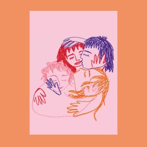 May include: Illustration of three figures embracing, rendered in crayon-like strokes. The figures have red, purple, and orange hair, with closed eyes and soft facial features. The background is a light pink rectangle set against an orange backdrop.
