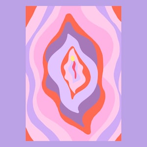 May include: Abstract digital art print with a layered, organic design in shades of pink, purple, orange, and yellow.