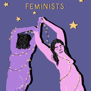 May include: Two people, with purple and pink skin, are wrapped in string lights and standing against a dark blue background with gold stars. The text "FESTIVE FEMINISTS" is written in gold letters at the top of the image.