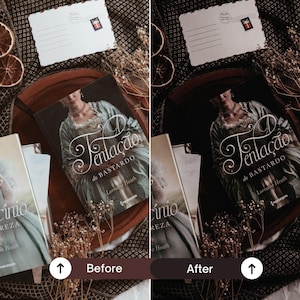 Before and after Dark Academia Book Lightroom Presets with dramatic contrast, deep black tones, vintage book styling and aesthetic Bookstagram photo editing.