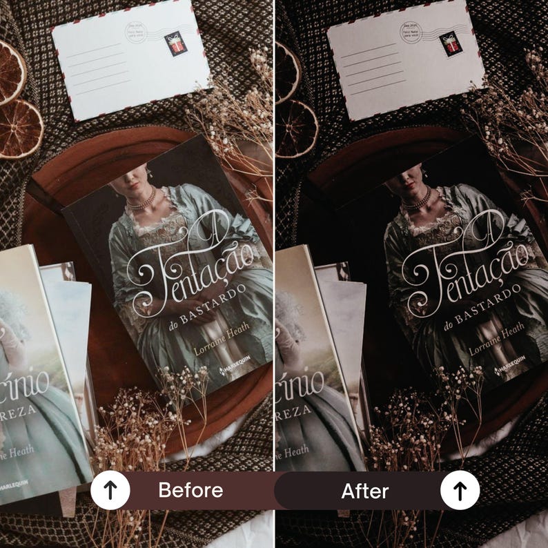 Before and after Dark Academia Book Lightroom Presets with dramatic contrast, deep black tones, vintage book styling and aesthetic Bookstagram photo editing.