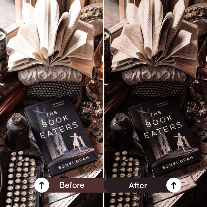 Before and after Dark Bookstagram Lightroom Presets transforming vintage book photography with cinematic shadows, warm sepia tones and cozy reading aesthetic.