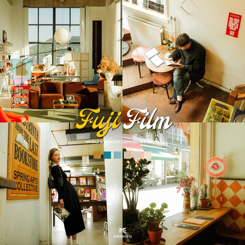 Fuji Film Lightroom presets collage showcasing warm vintage aesthetic interiors, lifestyle photography, and retro film tones for mobile and desktop editing