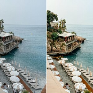 Before and after beach Lightroom preset transforming seaside landscape with turquoise water, soft luxury tones and bright coastal aesthetic