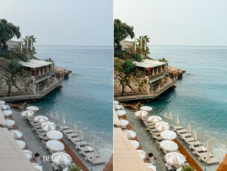 Before and after beach Lightroom preset transforming seaside landscape with turquoise water, soft luxury tones and bright coastal aesthetic