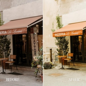 Before and after image of cozy cafe exterior with Fuji film preset featuring warm earthy tones, vintage color grading, and aesthetic street vibe