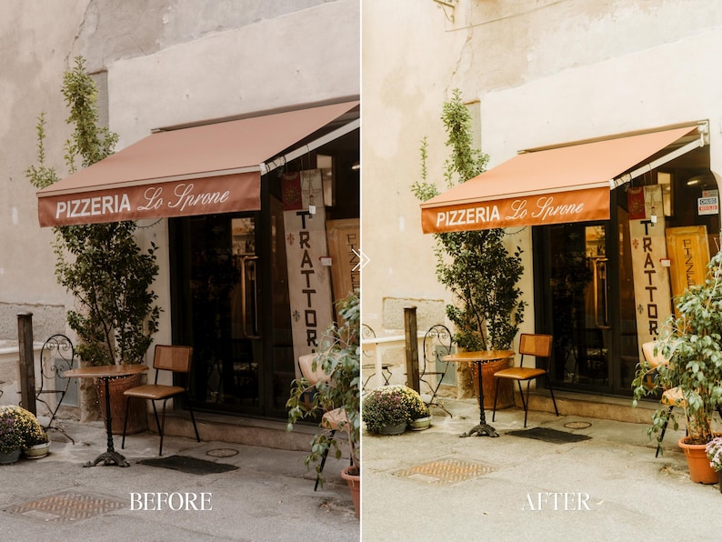 Before and after image of cozy cafe exterior with Fuji film preset featuring warm earthy tones, vintage color grading, and aesthetic street vibe