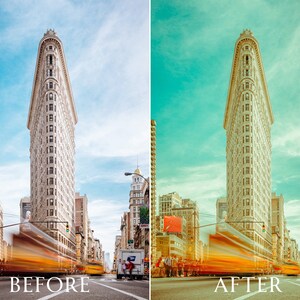 Pu&ograve; includere: Immagine divisa che mostra il Flatiron Building a New York. Il lato sinistro mostra il 'prima' con cielo blu, il lato destro il 'dopo' con cielo turchese. Un autobus giallo sfocato attraversa la strada. Testo: 'Prima' e 'Dopo'.