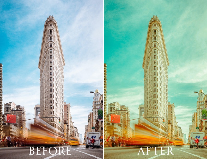 Pu&ograve; includere: Immagine divisa che mostra il Flatiron Building a New York. Il lato sinistro mostra il 'prima' con cielo blu, il lato destro il 'dopo' con cielo turchese. Un autobus giallo sfocato attraversa la strada. Testo: 'Prima' e 'Dopo'.
