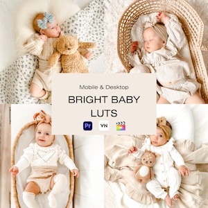 May include: A collage of four images featuring babies in various outfits. The babies are wearing cream-colored rompers, headbands, and holding stuffed animals. The text "BRIGHT BABY LUTS" is displayed with editing software icons.