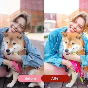 Before and after outdoor lifestyle photo edited with colorful Lightroom presets, featuring bright tones, natural skin colors, and vibrant details.