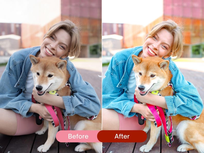 Before and after outdoor lifestyle photo edited with colorful Lightroom presets, featuring bright tones, natural skin colors, and vibrant details.