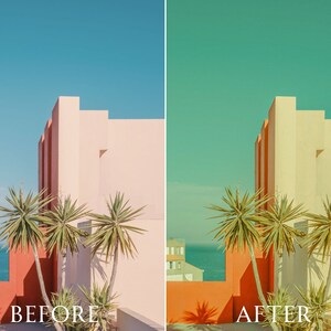 Pu&ograve; includere: Un'immagine divisa che mostra un edificio prima e dopo una regolazione del colore. L'immagine "PRIMA" mostra un edificio rosa con un muro rosso, palme e cielo blu. L'immagine "DOPO" mostra la stessa scena con un edificio giallo, un muro arancione e cielo turchese.