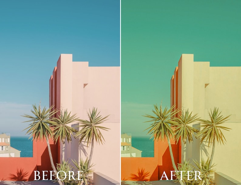 Pu&ograve; includere: Un'immagine divisa che mostra un edificio prima e dopo una regolazione del colore. L'immagine "PRIMA" mostra un edificio rosa con un muro rosso, palme e cielo blu. L'immagine "DOPO" mostra la stessa scena con un edificio giallo, un muro arancione e cielo turchese.