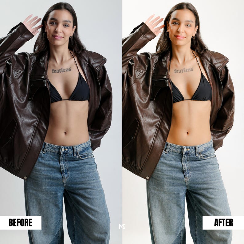 Indoor fashion photography before and after Lightroom preset creating brighter whites, smooth skin and polished studio lighting effect