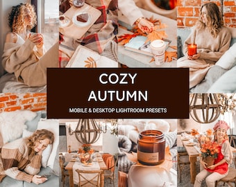 Pode incluir: Presets Lightroom Cozy Autumn para dispositivos móveis e desktop. A imagem mostra uma colagem de fotos com cores quentes de outono, incluindo uma mulher sentada em um sofá com uma vela, uma mesa posta com um lustre e uma mulher segurando um buquê de flores.