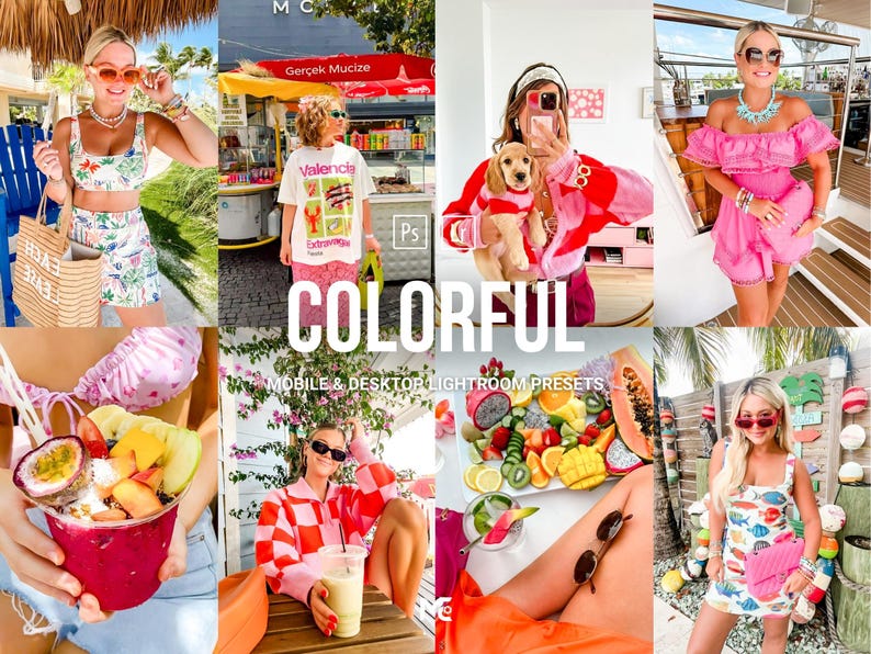 Bright colorful Lightroom presets collage showing vibrant summer outfits, beach lifestyle photos, food photography, and bold color pop edits for mobile and desktop Lightroom.