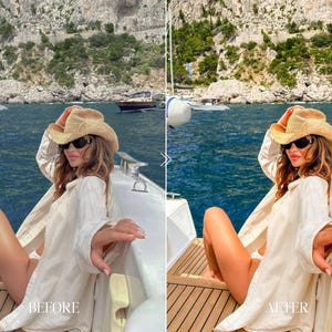 Before and after European Summer Lightroom preset on luxury boat portrait with enhanced warm skin tones, rich blue water and bright summer aesthetic
